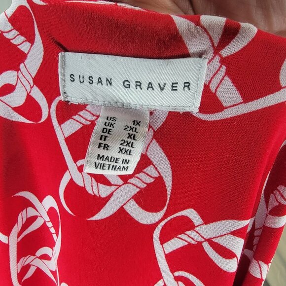 Susan Graver Womens 1X Red White Blouse Top Chainlink Layered 3/4 Sleeve Stretch - Picture 9 of 15